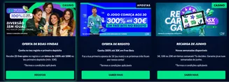 Ofertas e bónus exclusivos da Solverde Portugal para casino e apostas desportivas Três banners promocionais da Solverde.pt com ofertas de boas-vindas, bónus de registo em apostas e recargas semanais de junho